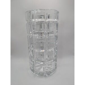 BLOCK Crystal Large Geometric Vase 10" Heavy Clear Cut Glass w/ stamp etching
